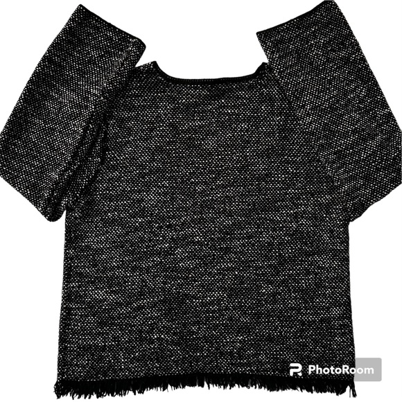 Theory Vendla Wool Blend Black & White Tweed Fringe Hem Lightweight Sweater - Picture 3 of 9